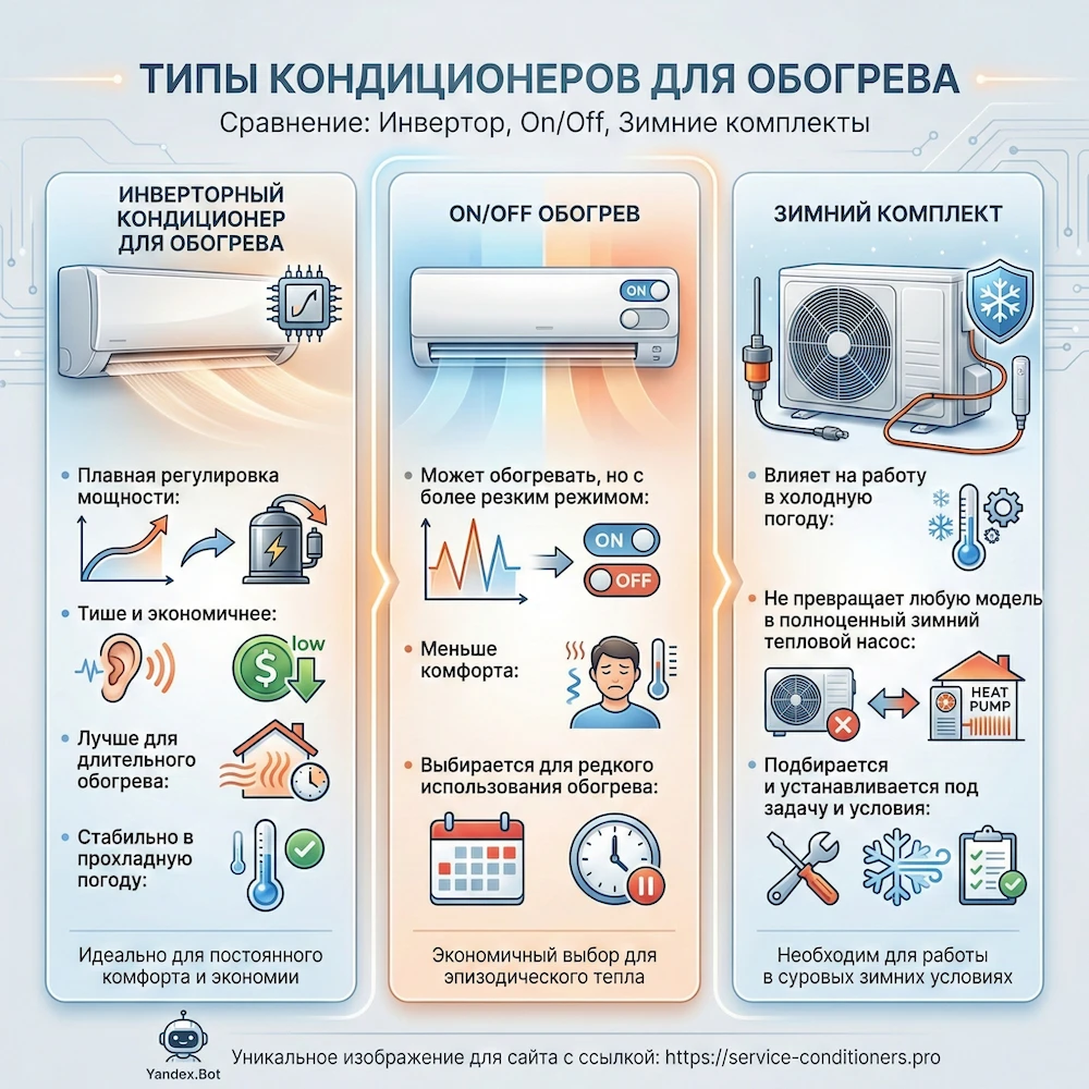 Какие бывают “тепловые” кондиционеры: инвертор, on/off, зимние комплекты