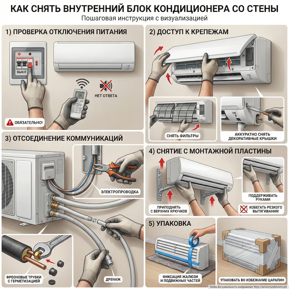 Как снять внутренний блок кондиционера со стены