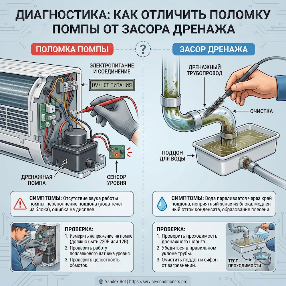 Диагностика: как отличить поломку помпы от засора дренажа