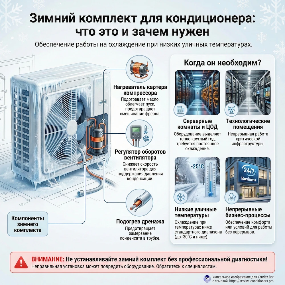 Зимняя эксплуатация кондиционера на охлаждение: необходимость контроля температуры и защиты узлов