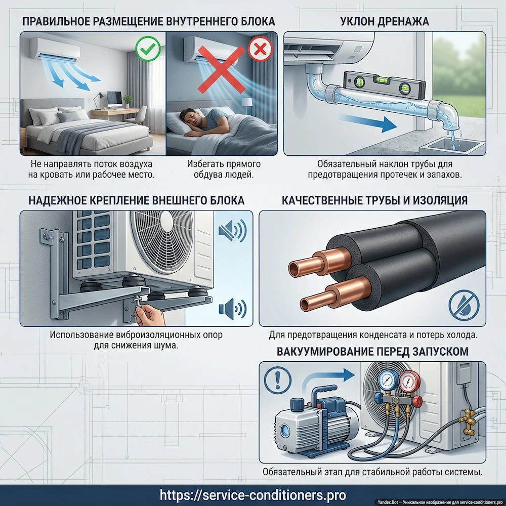 Правильная установка неинверторного кондиционера: трасса, дренаж, виброопоры и пусконаладка