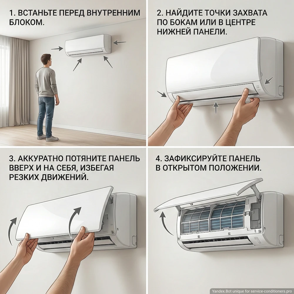 Открытая крышка кондиционера: доступ к фильтрам и входной решетке внутреннего блока