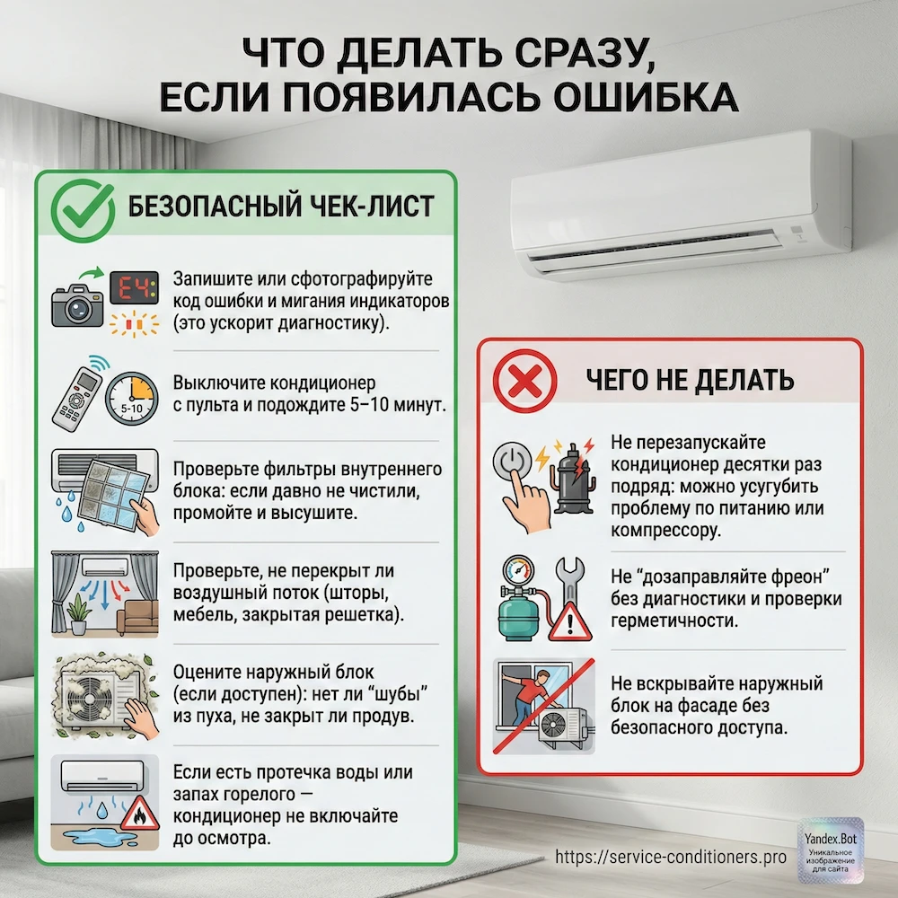 Что делать при ошибке сплит системы: записать код, проверить фильтры, оценить продув наружного блока