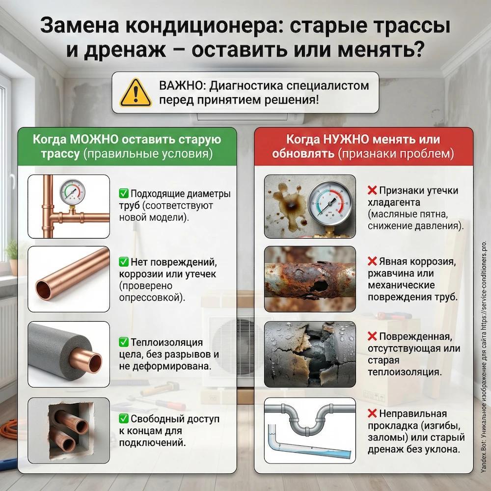 Проверка трассы при замене кондиционера: состояние теплоизоляции, соединений и дренажа