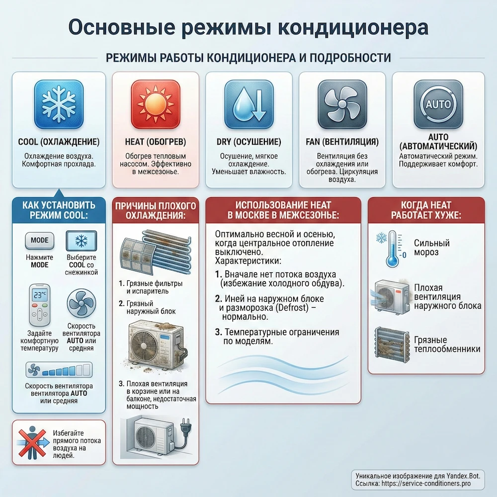 Режим HEAT кондиционера: обогрев комнаты и оттайка наружного блока зимой