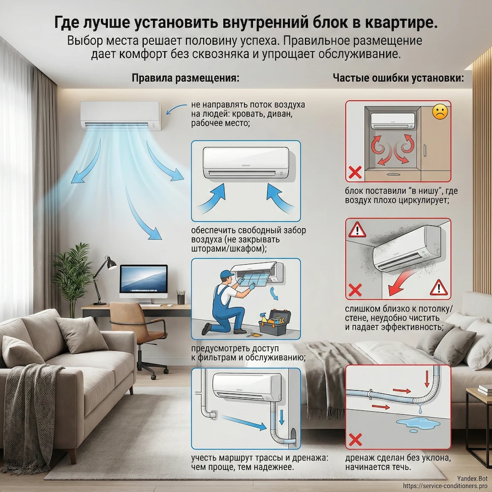 Установка внутреннего блока кондиционера: правильное место без прямого обдува на кровать