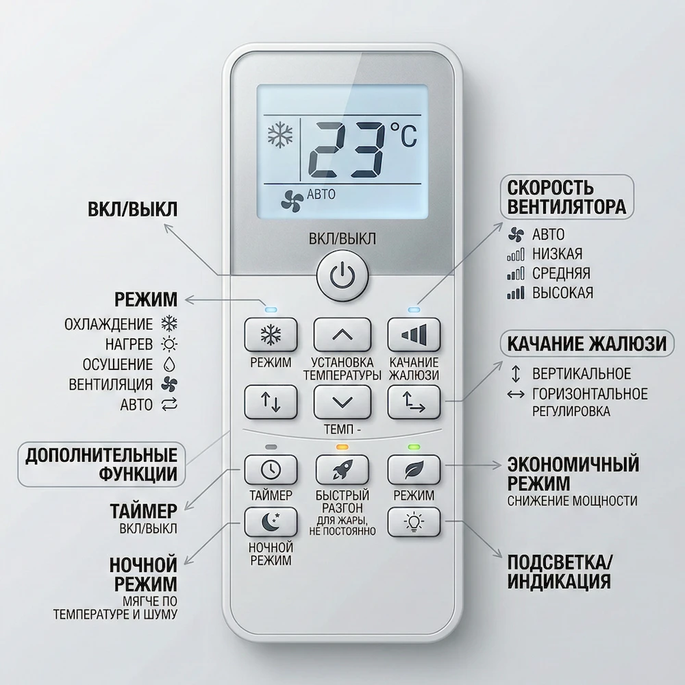 Пульт кондиционера: основные кнопки и что они делают