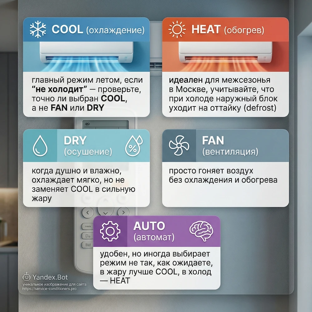 Управление режимами кондиционера: COOL, HEAT, DRY, FAN, AUTO на дисплее пульта
