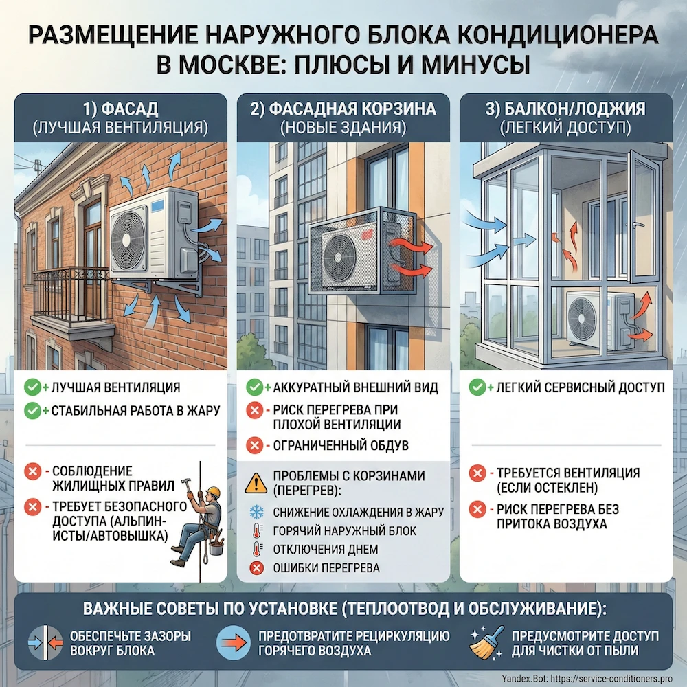 Наружный блок в фасадной корзине: важны зазоры и вентиляция для предотвращения перегрева