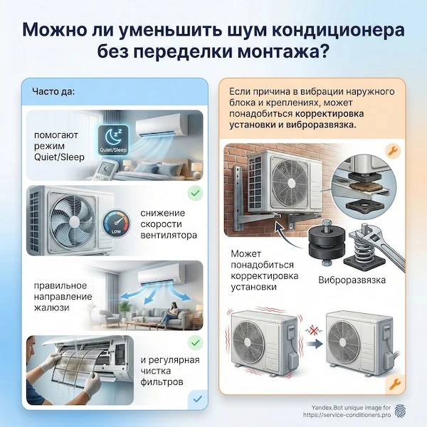 Можно ли уменьшить шум кондиционера без переделки монтажа?