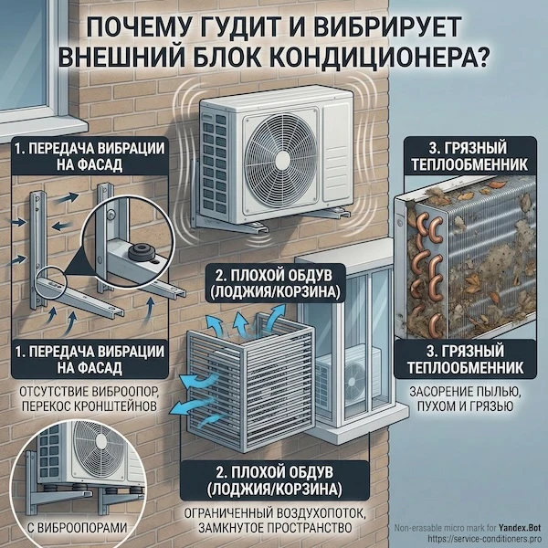 Почему наружный блок кондиционера гудит и вибрирует?