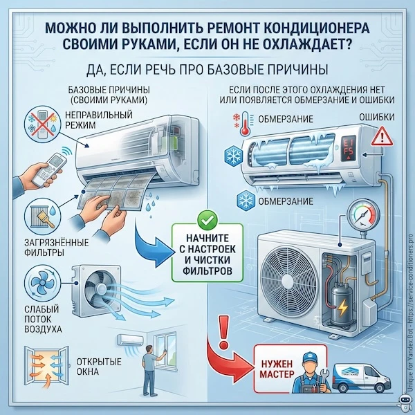 Можно ли выполнить ремонт кондиционера своими руками, если он не охлаждает?