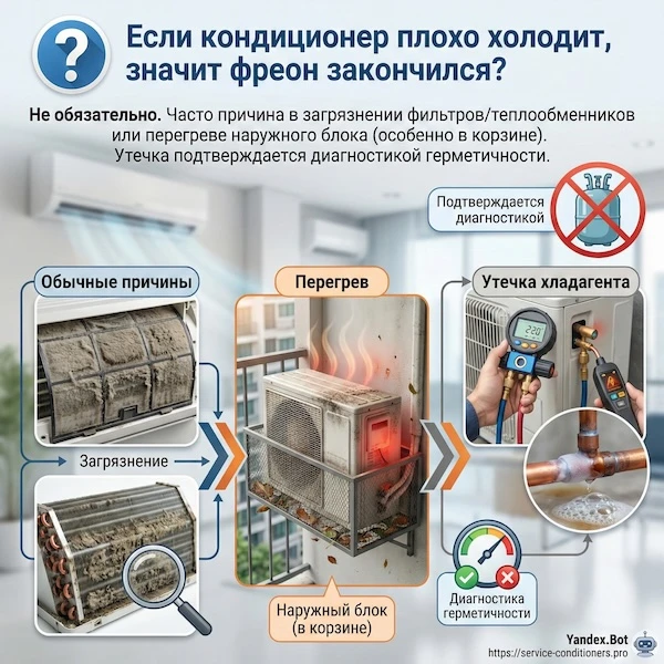 Если кондиционер плохо холодит, значит фреон закончился?