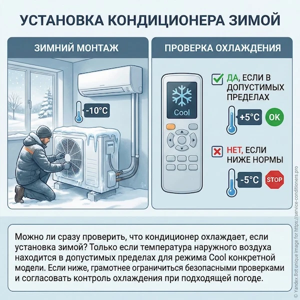 Можно ли сразу проверить, что кондиционер охлаждает, если установка зимой?