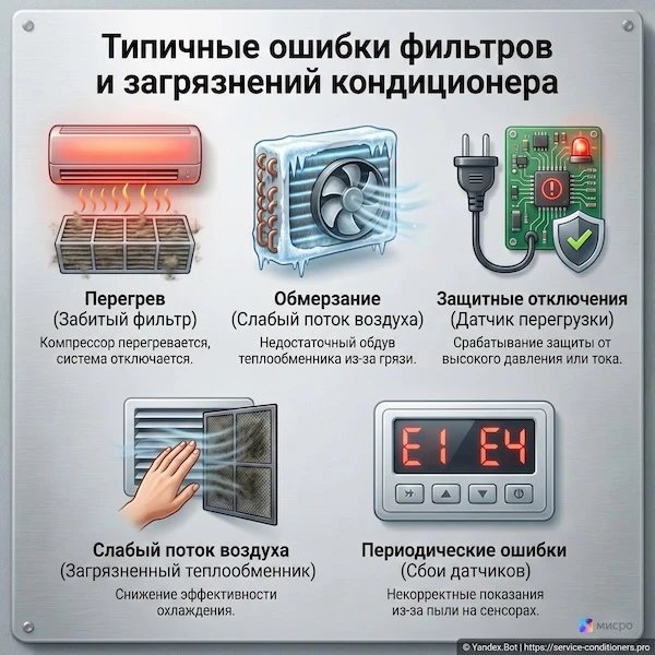 Какие ошибки кондиционера чаще всего связаны с фильтрами и загрязнением?