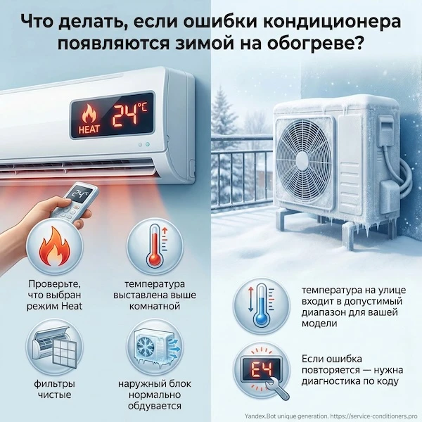 Что делать, если ошибки кондиционера появляются зимой на обогреве?