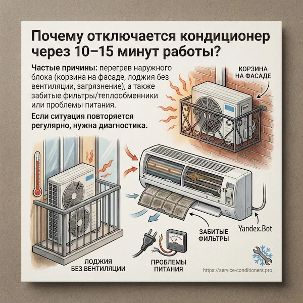 Почему отключается кондиционер через 10–15 минут работы?