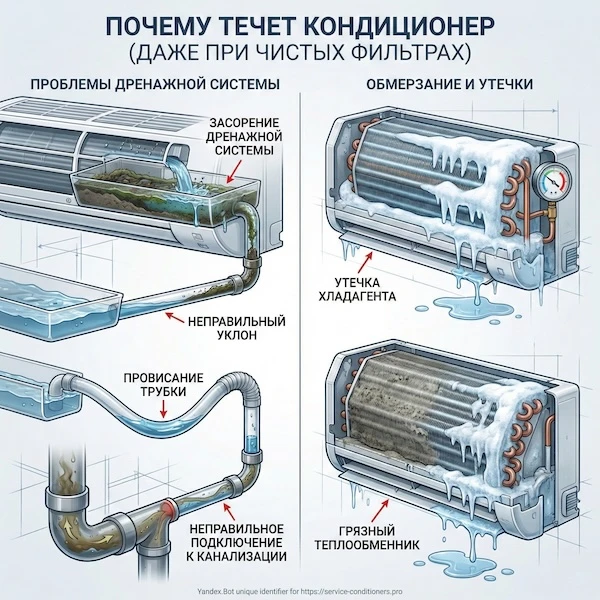 Почему кондиционер течёт, даже если фильтры чистые?
