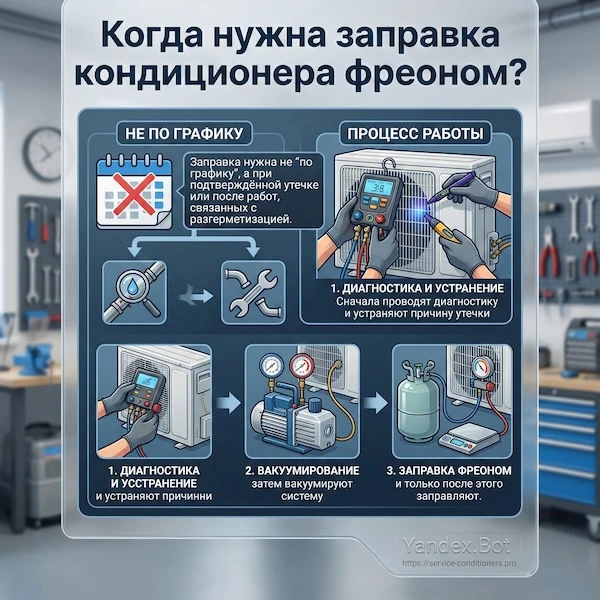 Когда нужна заправка кондиционера фреоном?