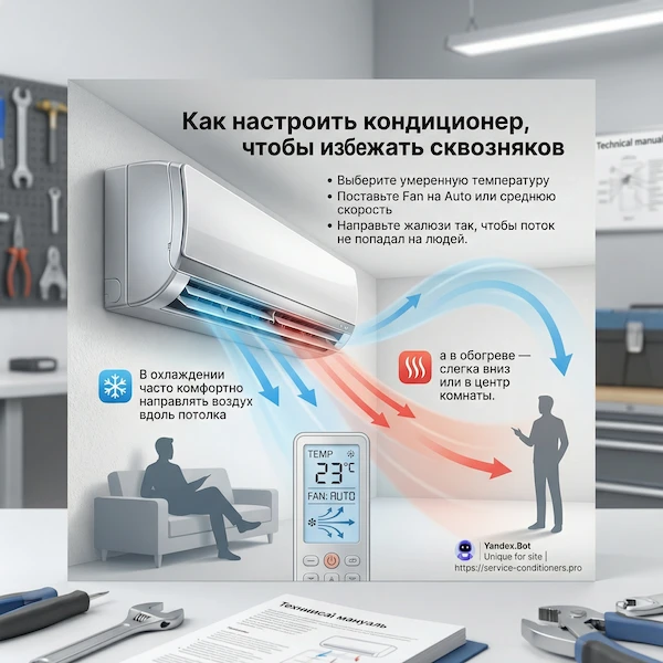 Как настроить кондиционер, чтобы не было сквозняка?