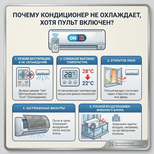 Почему кондиционер не охлаждает, хотя пульт показывает включение?