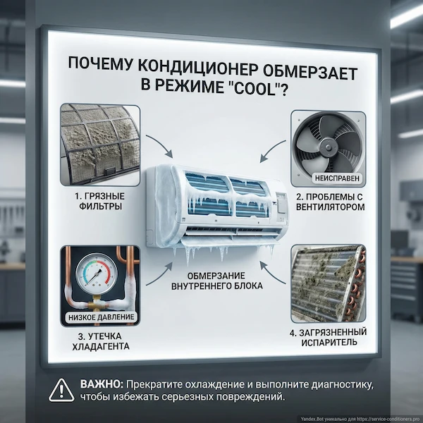 Почему кондиционер в режиме COOL покрывается льдом?