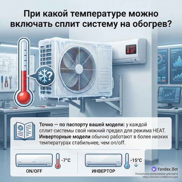 При какой температуре можно включать сплит систему на обогрев?
