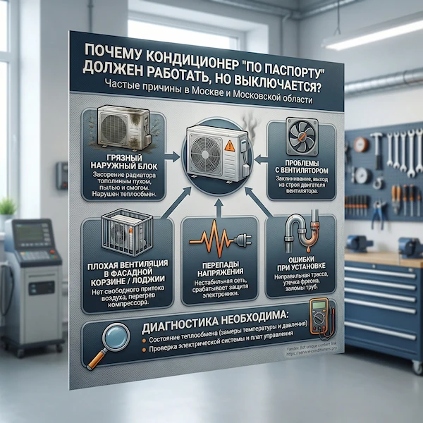 Почему кондиционер “по паспорту” должен работать, но отключается?