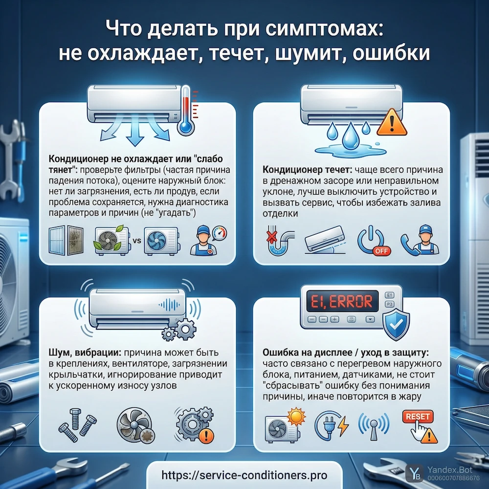 Что делать при симптомах: не охлаждает, течет, шумит, ошибки