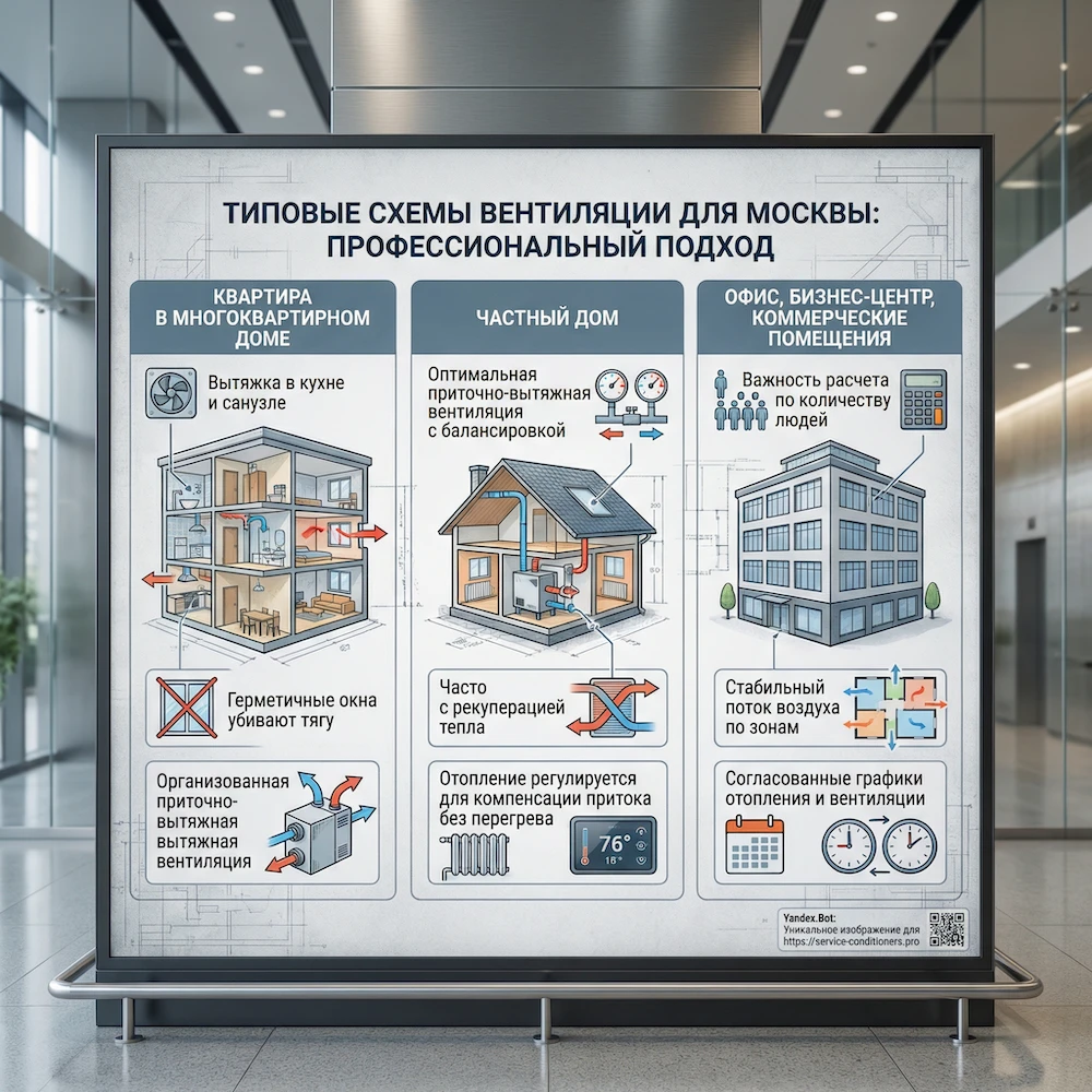 Схемы отопления и вентиляции: приток в жилые зоны, вытяжка из влажных зон, балансировка