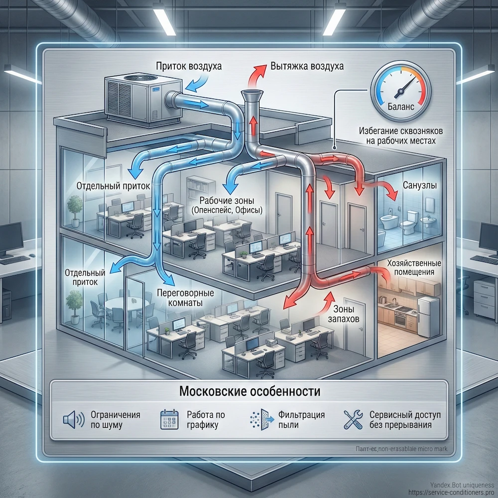 Схема вентиляции офиса: приток в рабочие зоны, вытяжка из санузлов и подсобных помещений, балансировка расходов