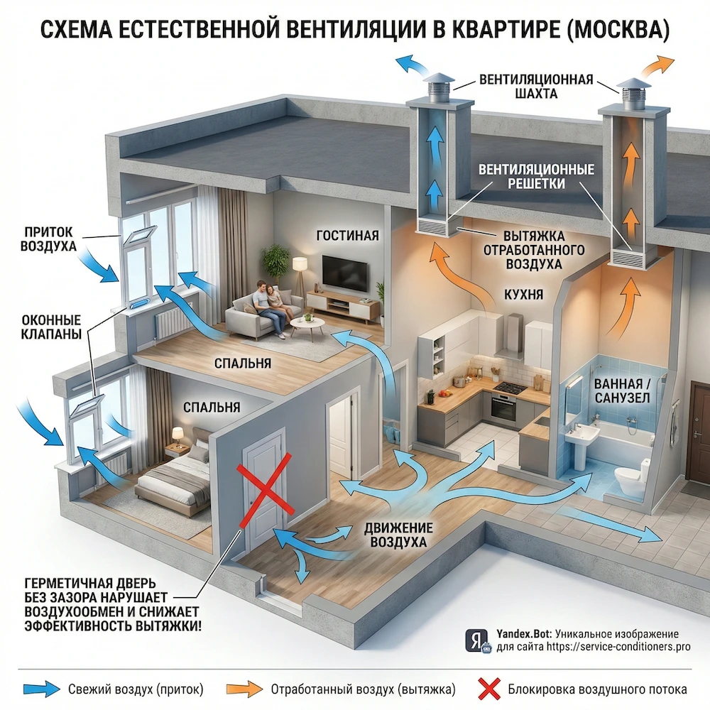 Естественная вентиляция в квартире: приток в жилые комнаты, переток через двери, вытяжка через кухню и санузел