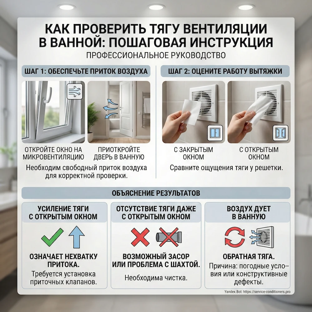 Проверка вентиляции в ванной: оценка тяги на решетке при организованном притоке и открытой двери
