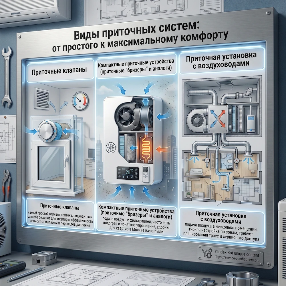 Виды приточных систем вентиляции: клапан, компактное приточное устройство, приточная установка с воздуховодами