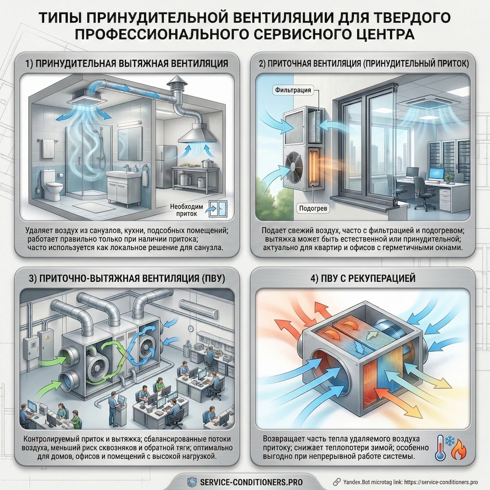Виды принудительной вентиляции: вытяжная, приточная и приточно-вытяжная система с рекуперацией