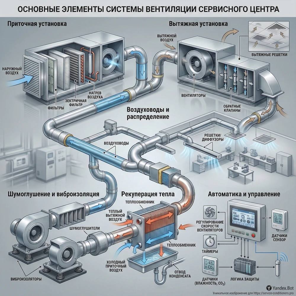Элементы устройства вентиляции: приток, вытяжка, воздуховоды, фильтры, шумоглушители, автоматика, рекуператор