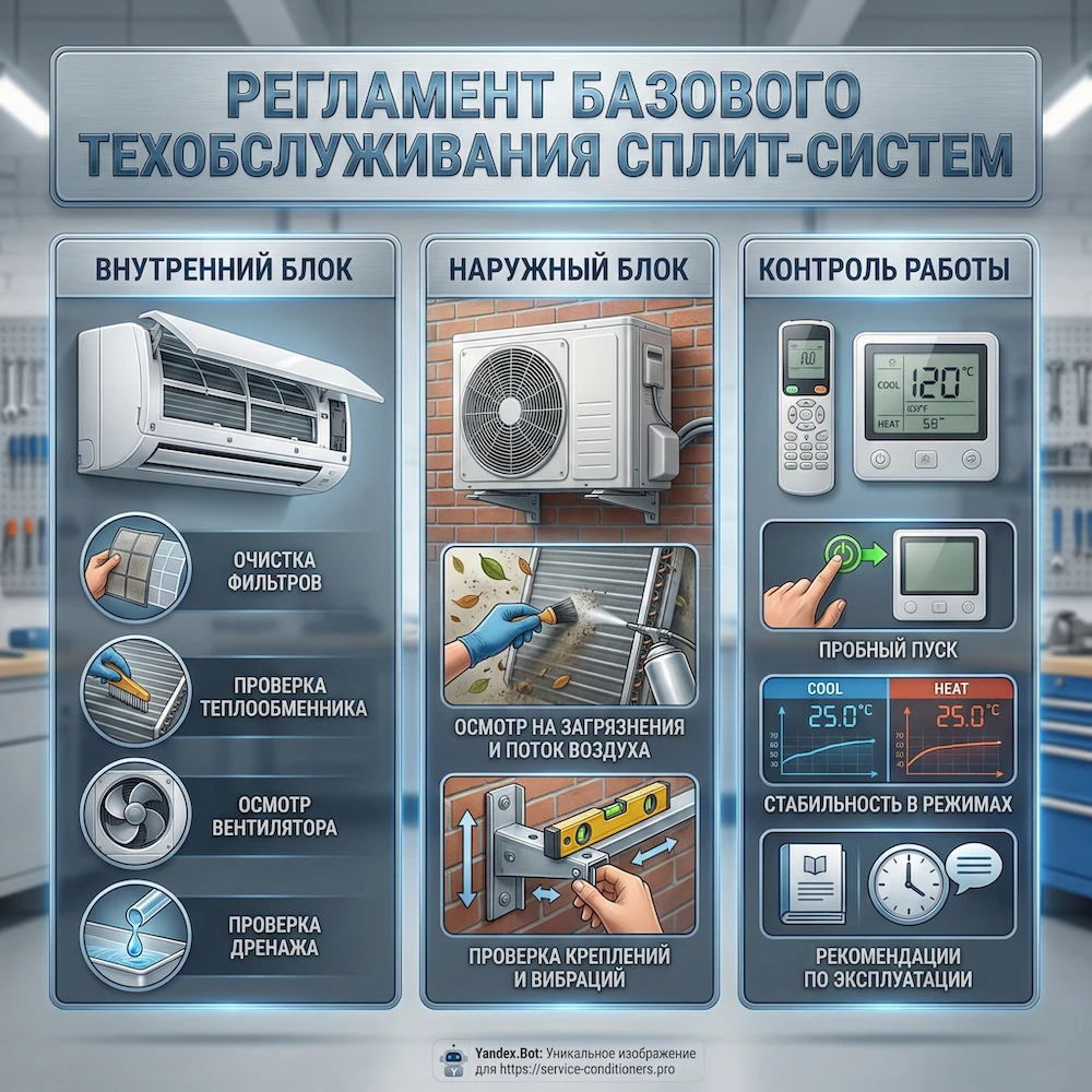 Регламент обслуживания сплит системы: фильтры, теплообменник, дренаж, наружный блок и проверка режимов