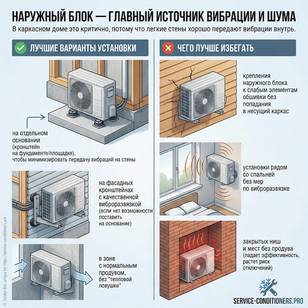 Наружный блок в каркасном доме: установка на основание или кронштейны с виброразвязкой для снижения шума