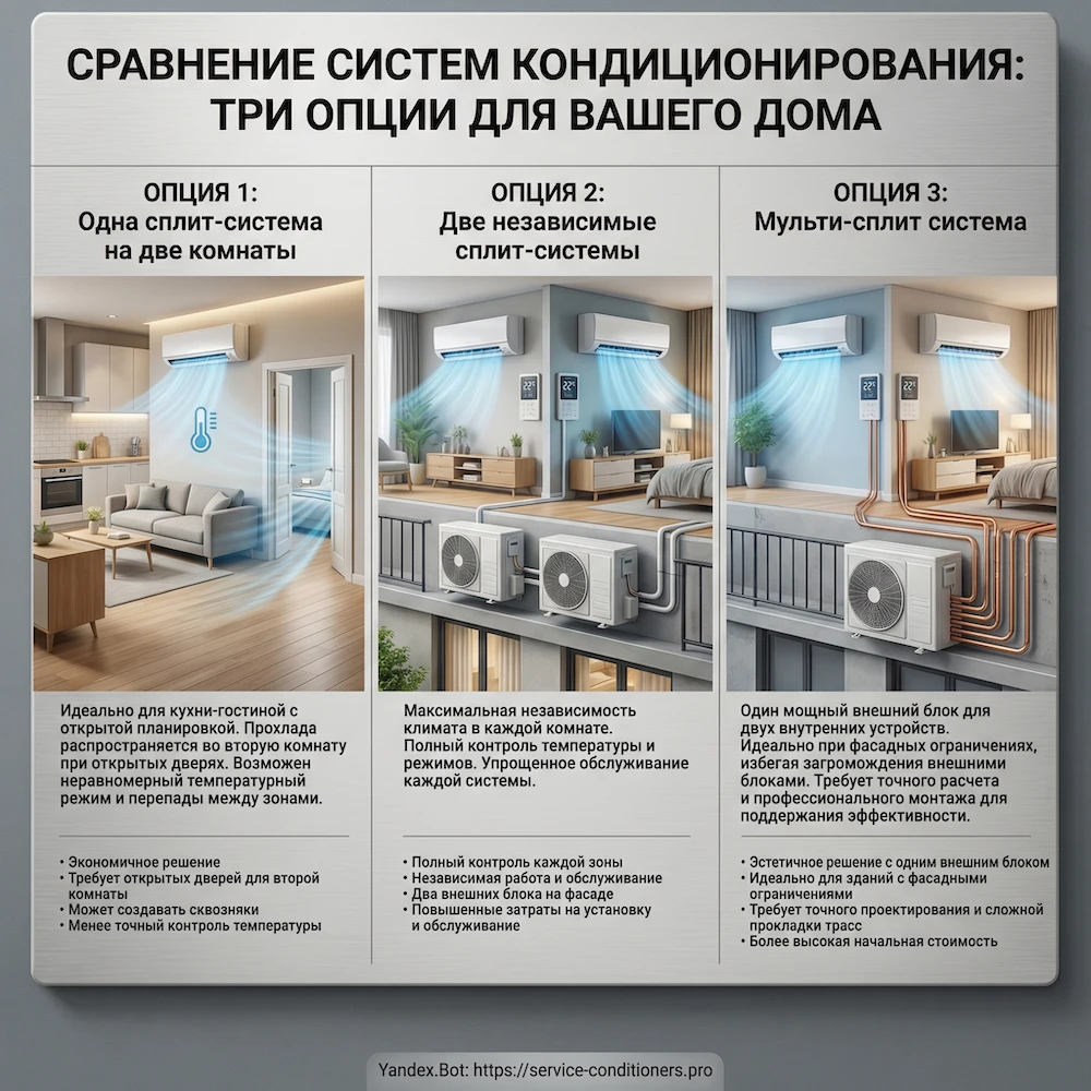 Решения для двух комнат: один кондиционер с перетоком, два сплита или мульти-сплит с одним наружным блоком