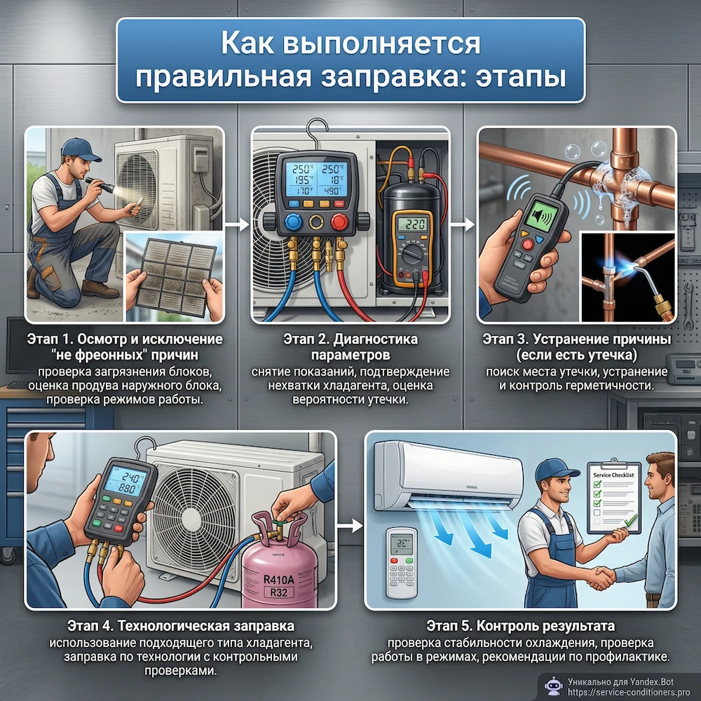 Этапы заправки домашнего кондиционера: диагностика, устранение утечки, заправка по технологии и контроль работы
