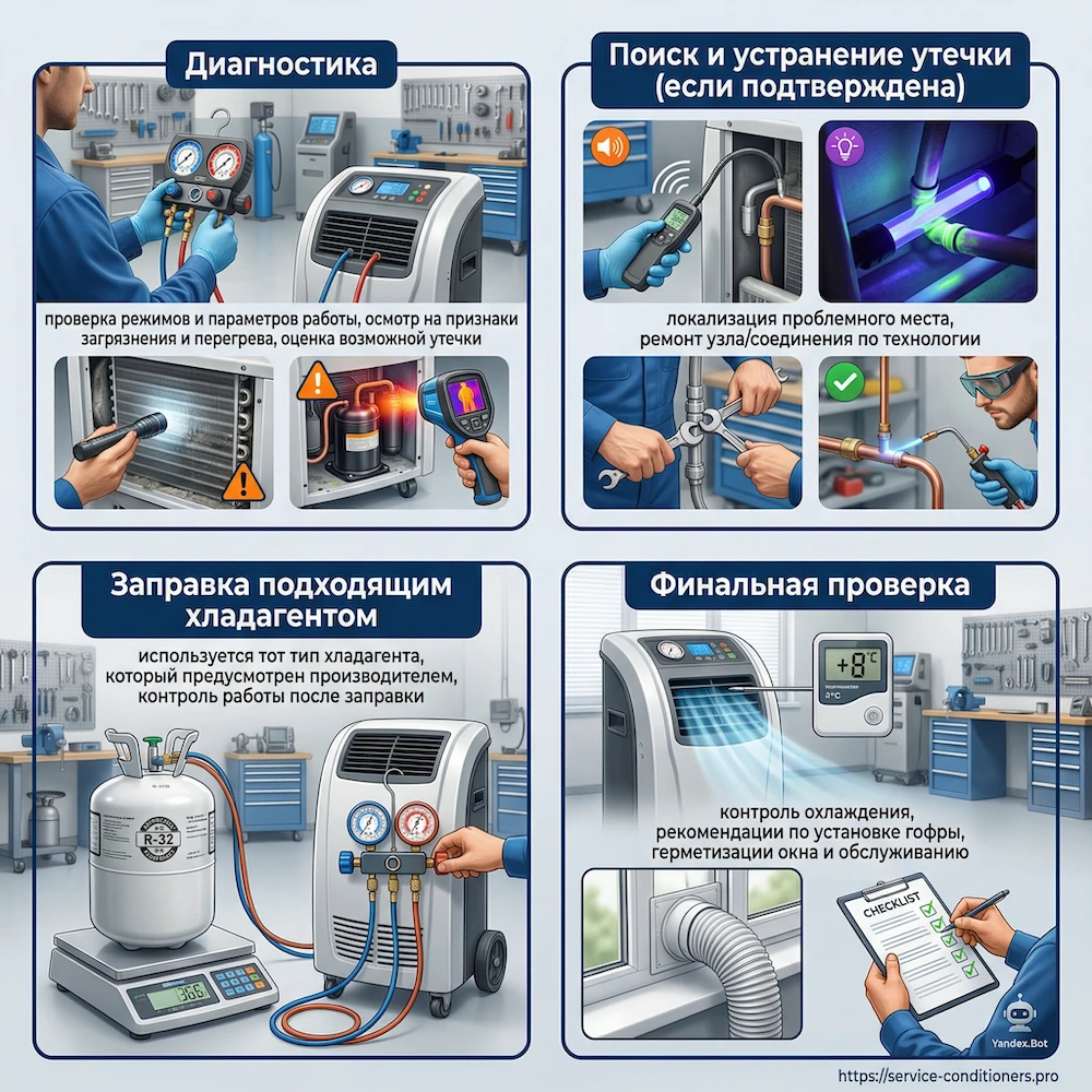 Заправка мобильного кондиционера: диагностика, устранение утечки, заправка и проверка охлаждения
