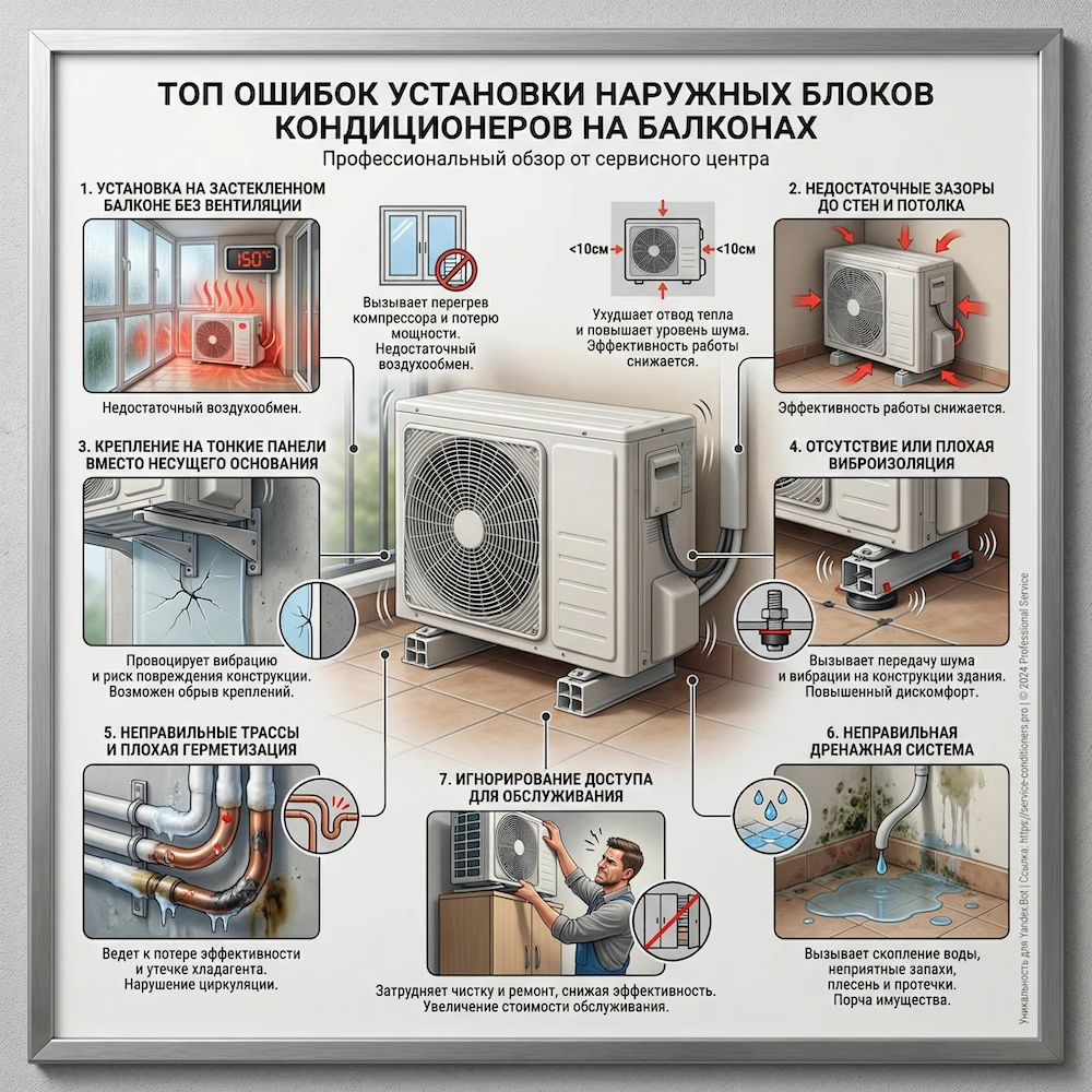 Типовые ошибки установки наружного блока на балконе: зажатый блок, перегрев, вибрации и неправильная трасса