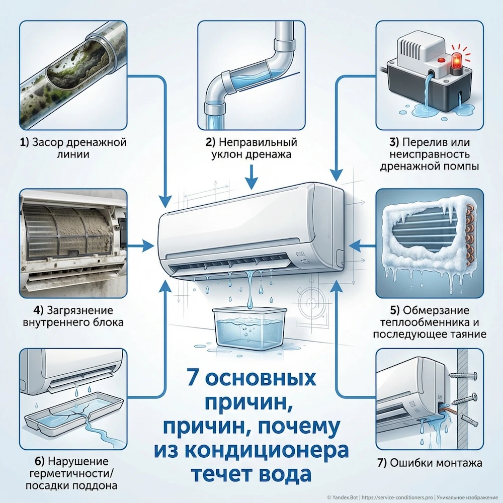 7 основных причин, почему из кондиционера течет вода