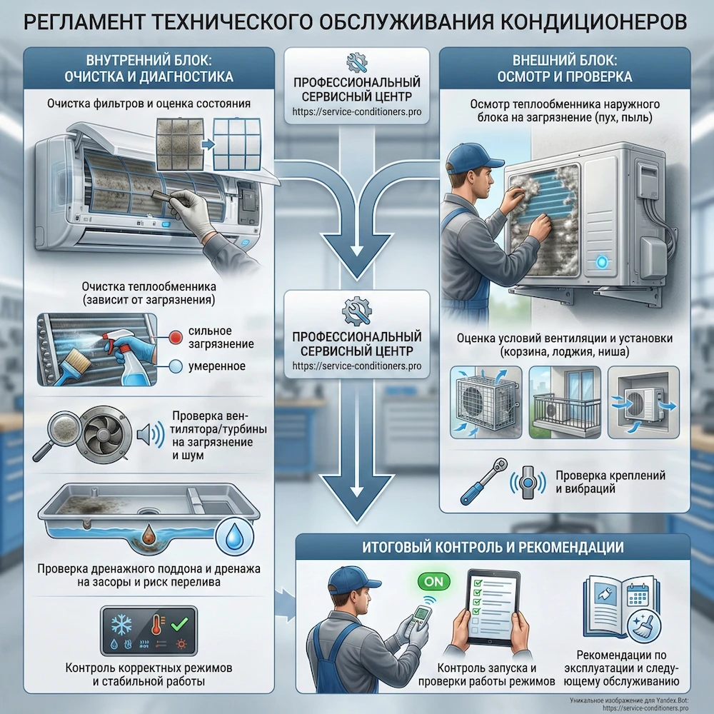 Регламент ТО сплит-системы: фильтры, теплообменник, дренаж, наружный блок и проверка работы