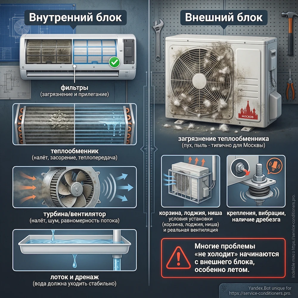 Отдельно про внутренний и наружный блок: что проверяют