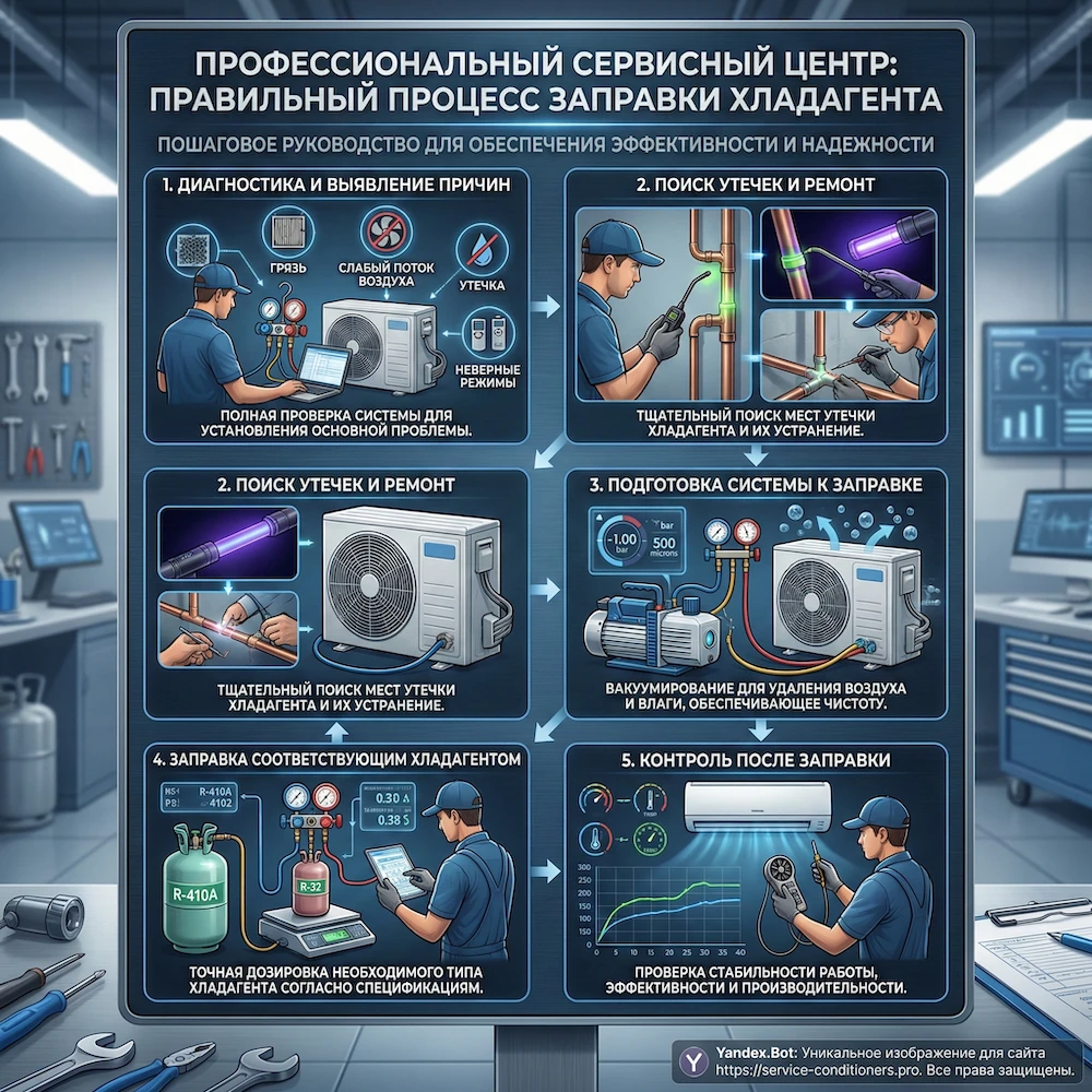 Правильная заправка кондиционера: диагностика, устранение утечки, заправка по технологии и контроль параметров