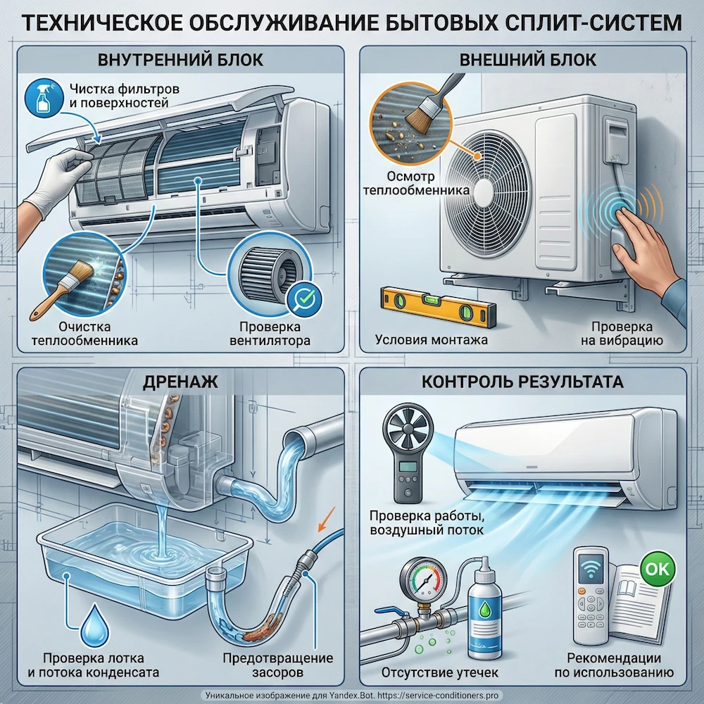 Регламент ТО кондиционера: внутренний блок, дренаж, наружный блок и контроль работы после обслуживания