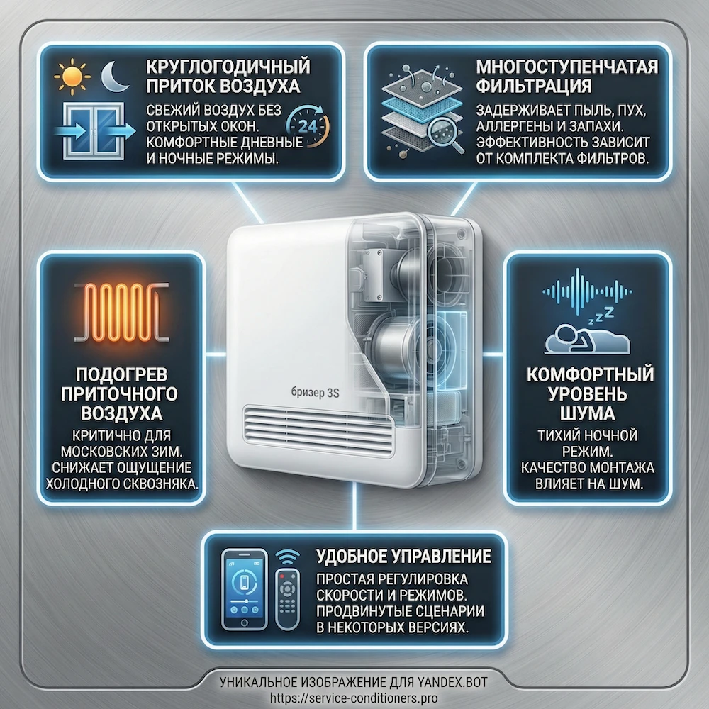 Особенности бризера 3S: приток, фильтрация, подогрев, удобное управление и комфортная работа в квартире