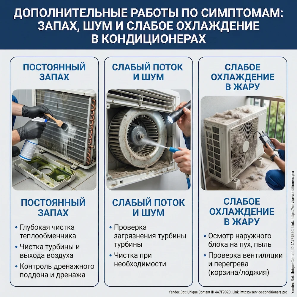 Работы по показаниям: что добавляют при запахе, шуме и слабом охлаждении