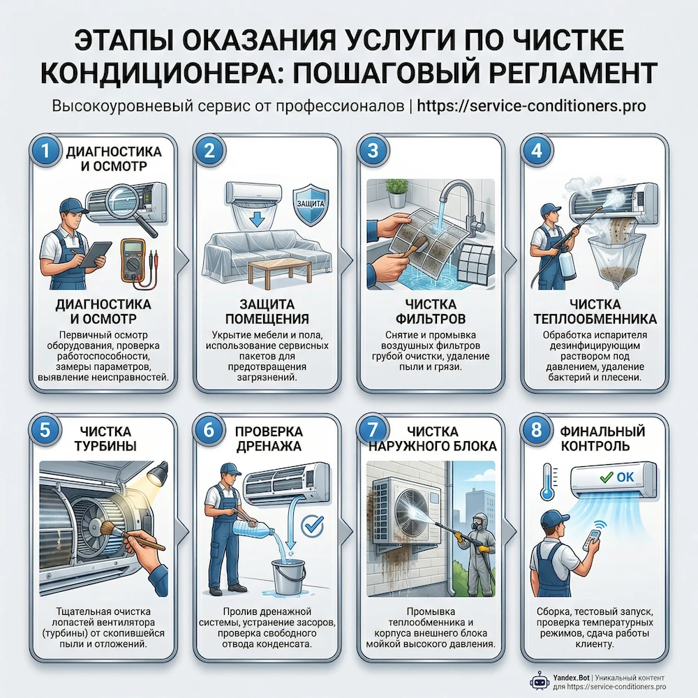 Этапы оказания услуги по чистке кондиционера: пошаговый регламент